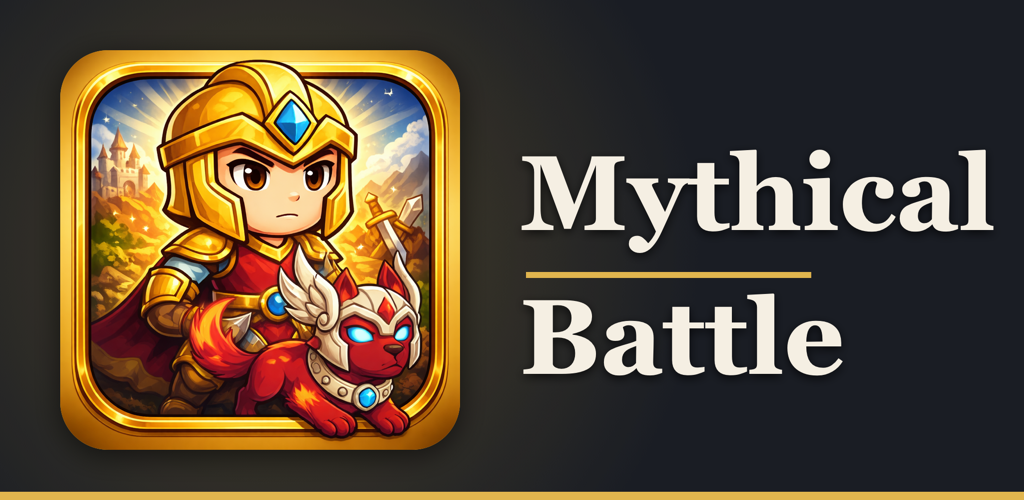 Mythical Battle: a hero in gold armour with a red wolf pet at his side, next to the game title.